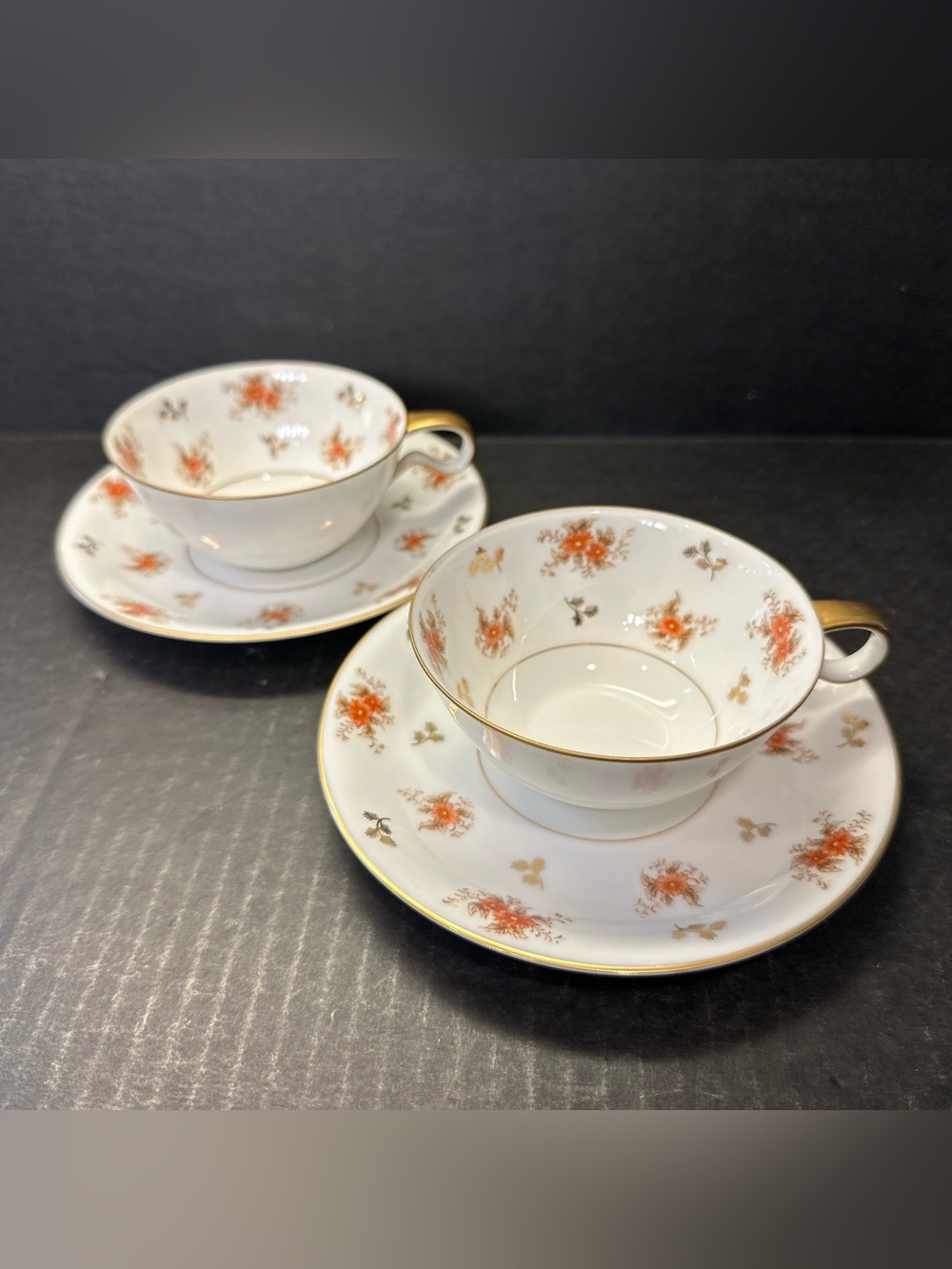 Vintage Noritake 5230 Dulcy Teacup Saucer Set Pair Orange Floral Art Deco Coffee